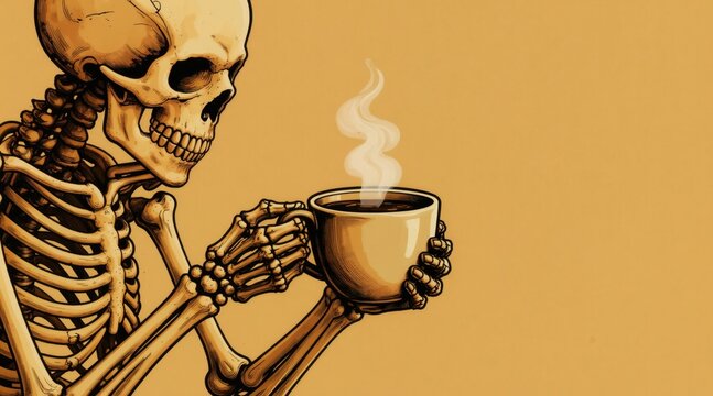 Skeleton holds steaming coffee cup. Dry bones enjoy hot beverage. Grim Reaper needs caffeine boost. Morning ritual for dead. Time for a break.