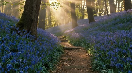 Fototapeta premium Forest path winds through bluebells under sunbeams. Sunlight streams through trees onto a blooming meadow. Nature trail leads through dense woods, a magical woodland scene.