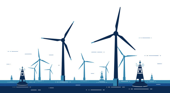 Offshore wind farm with turbines and buoys at sea, renewable energy concept