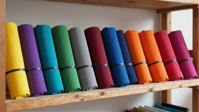 Rolled colorful polypropylene belts arranged neatly on a wooden shelf with soft focus background.
