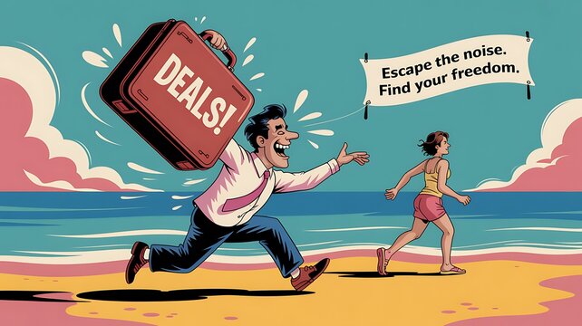 Businessman runs on a sandy beach while carrying a heavy leather briefcase full of.