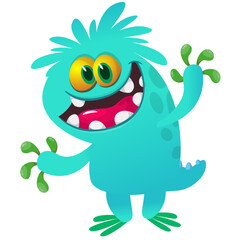 Fototapeta premium Cartoon scary monster with funny face expression waving hands . Vector illustration isolated on white. Halloween design