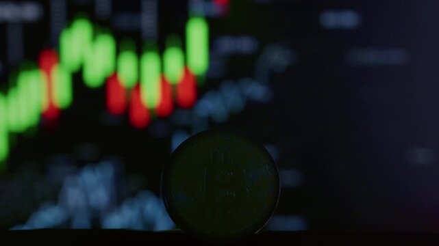Close-up: physical Bitcoin coin, blurred cryptocurrency exchange chart, showing green and red candlesticks. Golden BTC logo. Trading, blockchain and investment concept.