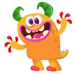 Fototapeta premium Cartoon scary monster with funny face expression waving hands . Vector illustration isolated on white. Halloween design