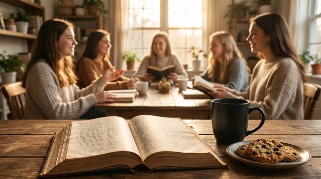 Warm morning study group gathers around an open thick book with thin pages, a matte black coffee mug, and cookies on a smooth wooden table.