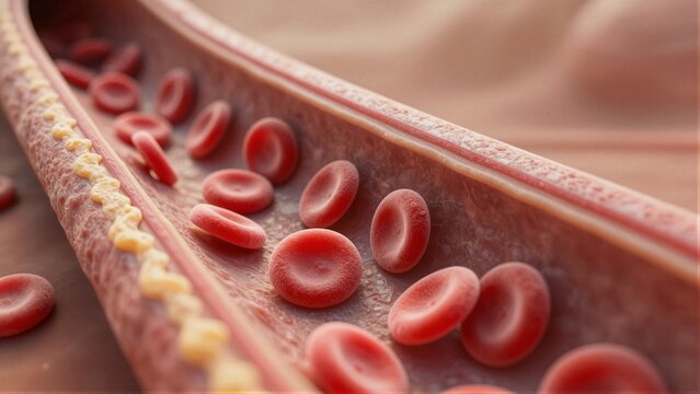 Illustration of red blood cells flowing through an artery with yellow cholesterol plaque buildup on the walls.