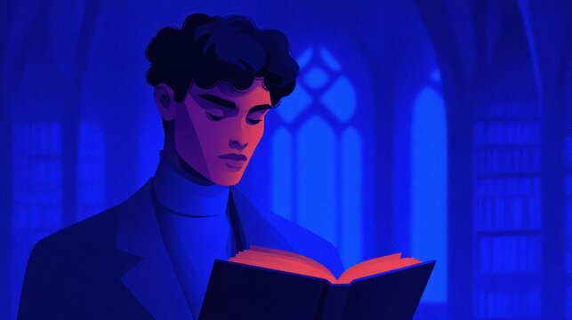 Young Man Reading Book With Glowing Light in Mysterious Dark Blue Library Interior Scene Cinematic Fantasy Knowledge Atmosphere Concept