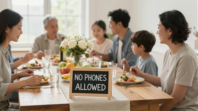 A happy multi-generational family enjoys a meal together at a wooden dining table with a 'No Phones Allowed' sign, promoting digital detox and connected conversation.