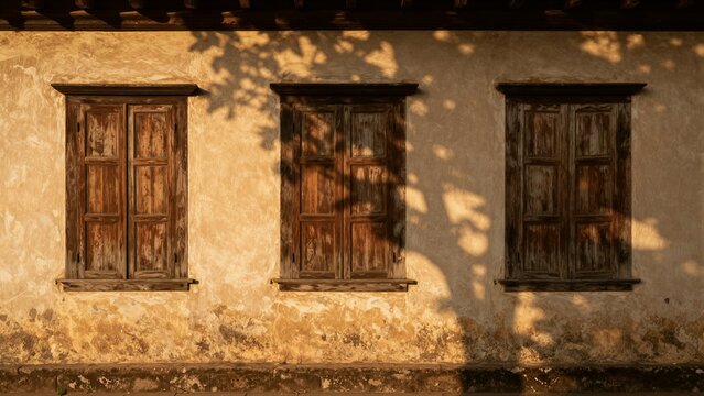 Sunlit colonial building facade featuring three wooden shuttered windows casting leafy shadows on textured stucco wall.