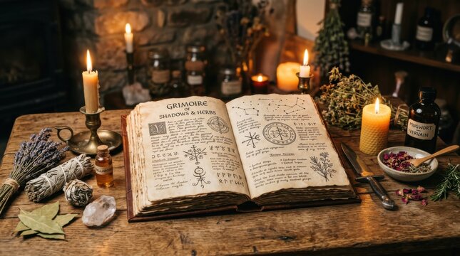 Open grimoire titled shadows and herbs on table with candles and crystals. Halloween witchcraft concept.
