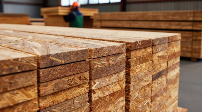 OSB wood boards stacked inside a warehouse. A worker wearing a helmet carries lumber in background. Construction material processed in factory.