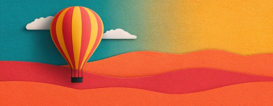 Colorful Paper Craft Art of Hot Air Balloon Flying Over Rolling Landscape Hills for Layered Fantasy Travel Background and Creative Adventure Concept
