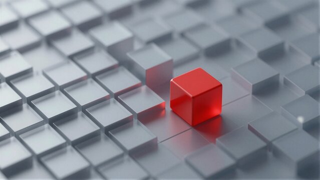 A striking red cube stands out among a sea of gray cubes in a digital grid, symbolizing an anomaly or data point. The scene is illuminated with soft focus on the background.