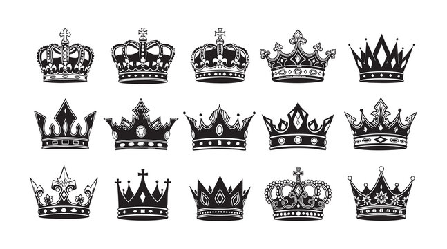 Ornate royal crown collection for heraldry design elements featuring majestic headpieces and tiaras.