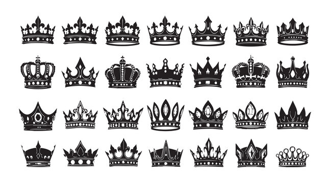 Monarchy symbols collection featuring diverse crown icons for imperial branding and heraldic design.