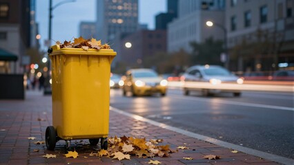Naklejka premium A bright yellow trash bin filled with autumn leaves stands on a brick sidewalk, surrounded by falling leaves and a bustling urban backdrop at dusk.