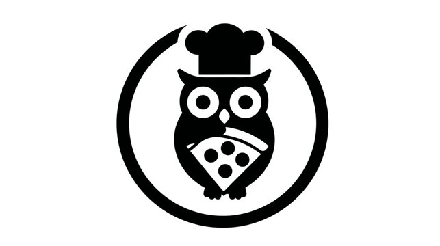 Creative black and white vector icon illustration of a wise owl chef holding a pizza slice for food service and restaurant design.