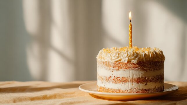 Sweet birthday cake with a lit wick sits on a bright backdrop.