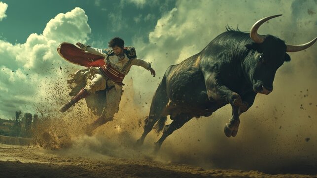 A matador dodges a charging bull in a sunlit arena, dust flying