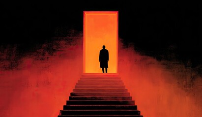 Fototapeta premium Silhouette stands at top of glowing stairs leading to bright portal