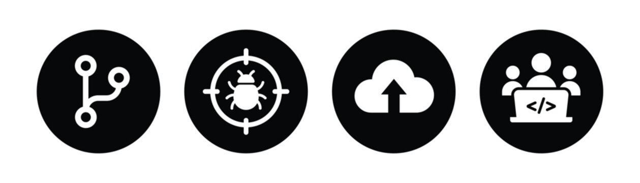 Developer Tools Icons Vector Set Version Control Bug Tracking Cloud Upload and Coding Team Collaboration Symbols for Software Development and IT Projects