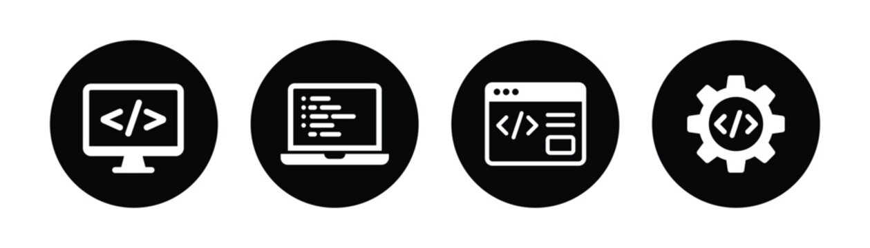 Programming Icons Vector Set Coding Computer Laptop Web Development and Software Engineering Symbols for Technology, IT Services and Developer Applications