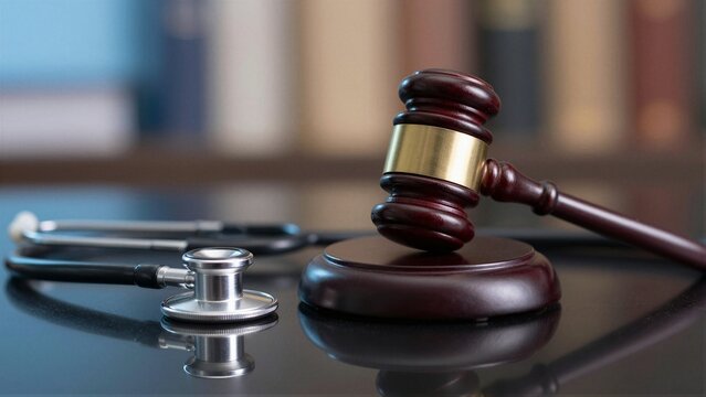 A judge's gavel and a stethoscope on a reflective surface, symbolizing wrongful death and medical negligence claims.