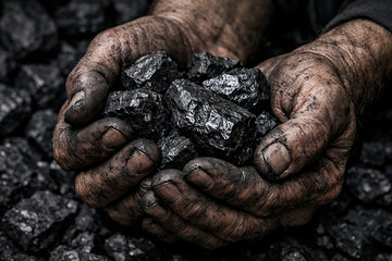 Obraz premium Close up of dirty worker hands holding black coal pieces, symbolizing mining industry, hard labor, fossil fuel energy, and industrial resources.