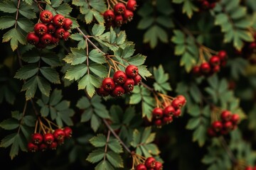 Fototapeta premium Red hawthorn berries ripen on green branches in autumn. This natural plant is used in herbal medicine for health. Small fruits grow in clusters on thorny bushes.