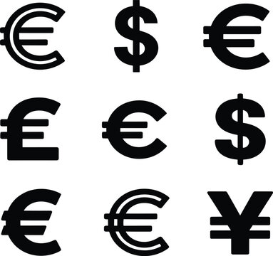 Black and white symbols of euro, dollar, and yen currencies vector illustration EPS PNG file