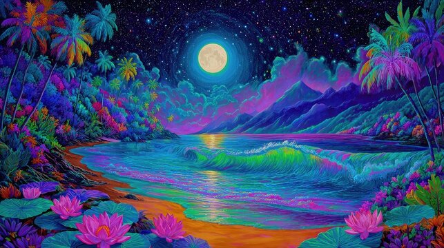 Psychedelic moonlit beach with vibrant flora and crashing waves