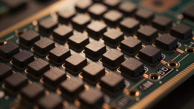 2. A dramatic macro hero of an abstract DRAM memory module surface filling the frame, rows of geometric capacitor cells arranged in precision grid patterns with copper interconnects catching warm dire