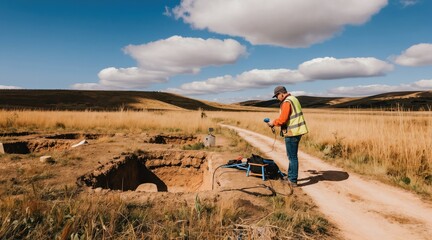 Fototapeta na wymiar Man in high-visibility vest operates ground penetrating radar equipment on rural dirt road. Archaeological survey excavation pits in dry grass field. Landscape research aids cultural heritage