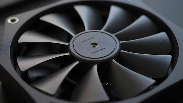 96. A dramatic photorealistic macro of an abstract server cooling fan blade in detailed view, the precision-engineered blade structure visible, surrounding fan frame in matte material, dramatic raking