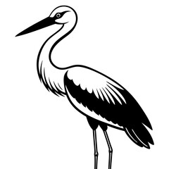 Fototapeta premium A sleek black and white vector illustration of a crane bird standing on one leg in a minimalist design style