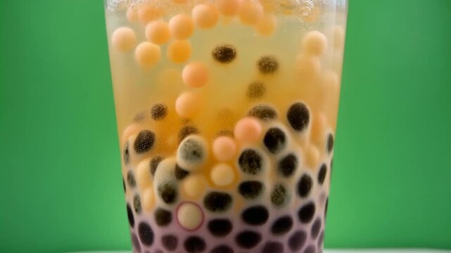 A refreshing close-up shot of colorful bubble tea with chewy tapioca pearls in a clear glass against a bright green background