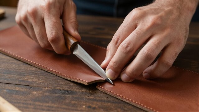 Close-up of hands using a knife to cut brown leather on wooden surface.