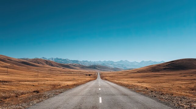 Straight Extending Highway in Desert Wilderness, Gobi Mountain Natural Landscape, Open Empty Road Travel Scene for Inspirational Poster and Journey Design