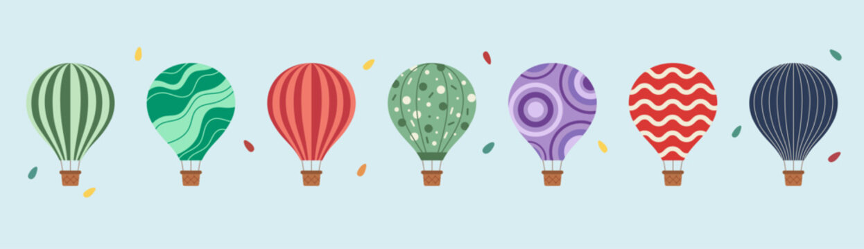 Colorful Hot Air Balloons Vector Illustration, Retro Travel Background, Vintage Balloon Festival Pattern, Decorative Air Balloon Design, Cute Adventure Flight Artwork, Flat Cartoon Style