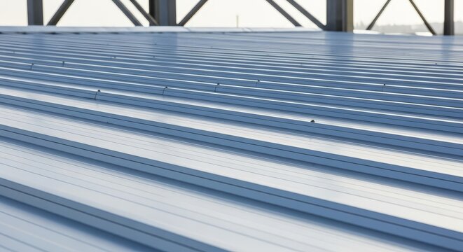 A metallic corrugated roof structure with supporting beams under a bright sky, showcasing industrial architecture and construction materials.