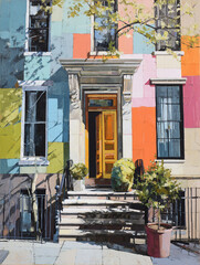 Fototapeta premium Brightly colored townhouse with vibrant facade, featuring wooden door and decorative steps. artwork captures lively essence of urban architecture, viewers to explore its charm