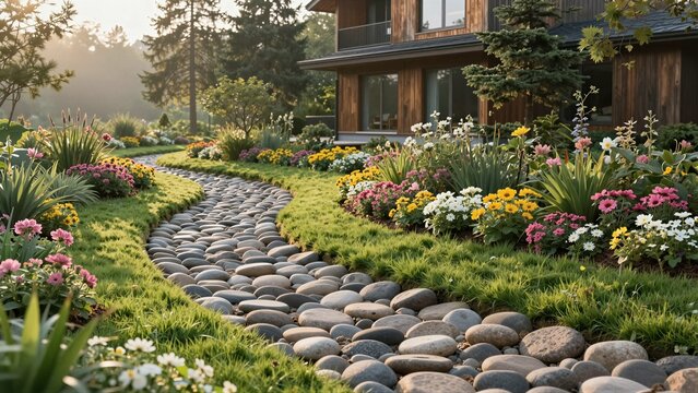 A landscaped garden with a dry creek bed of river rocks, providing natural drainage and erosion control near a modern home.