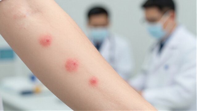 Close-up of arm with red bumps from allergy test, blurred medical professionals in background.