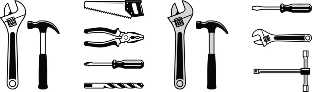 Professional Hand Tool Icons Set Including Wrench Hammer Saw Pliers and Screwdriver Isolated on White Background for Construction