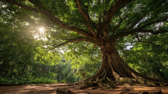 Ancient, majestic tree with sunbeams filtering through lush green canopy