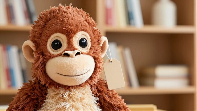 Close-up of a brown and cream plush monkey toy with a blank tag hanging from its ear against a bookshelf background. soft focus.
