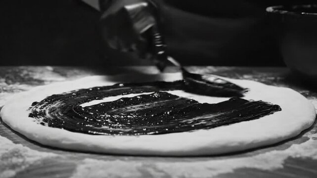 Chef in black gloves spreading dark sauce on a pizza base in a professional kitchen with a subtle artistic effect