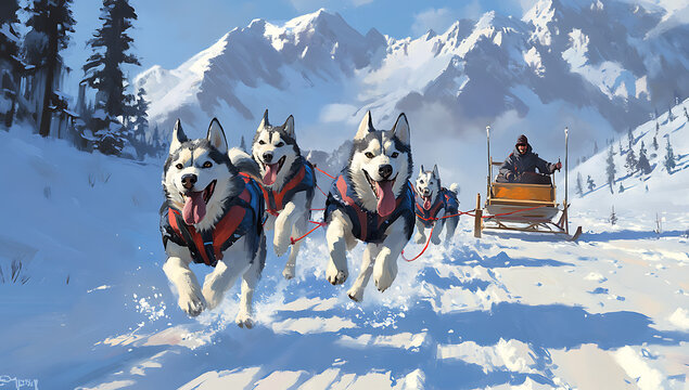 A team of energetic siberian huskies pulling a wooden sled with a musher across a snowy mountain landscape during a bright winter adventure