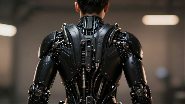 A person from behind wears a sophisticated black bionic exoskeleton with visible mechanical parts, showcasing advanced technology and human enhancement. The background is softly blurred.