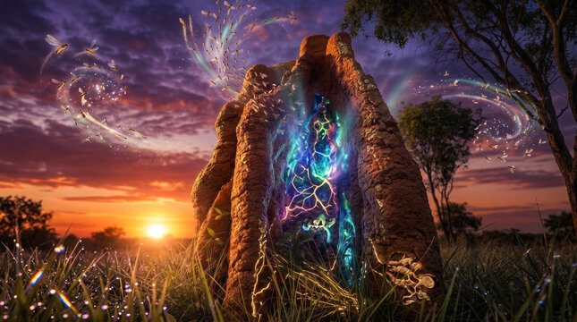Glowing Termite Mound in Fantasy Sunset Landscape